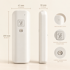 Allplug front and side views with dimensions and close-ups of the indicator, Maison monogram and button, as shown in the supplied image.