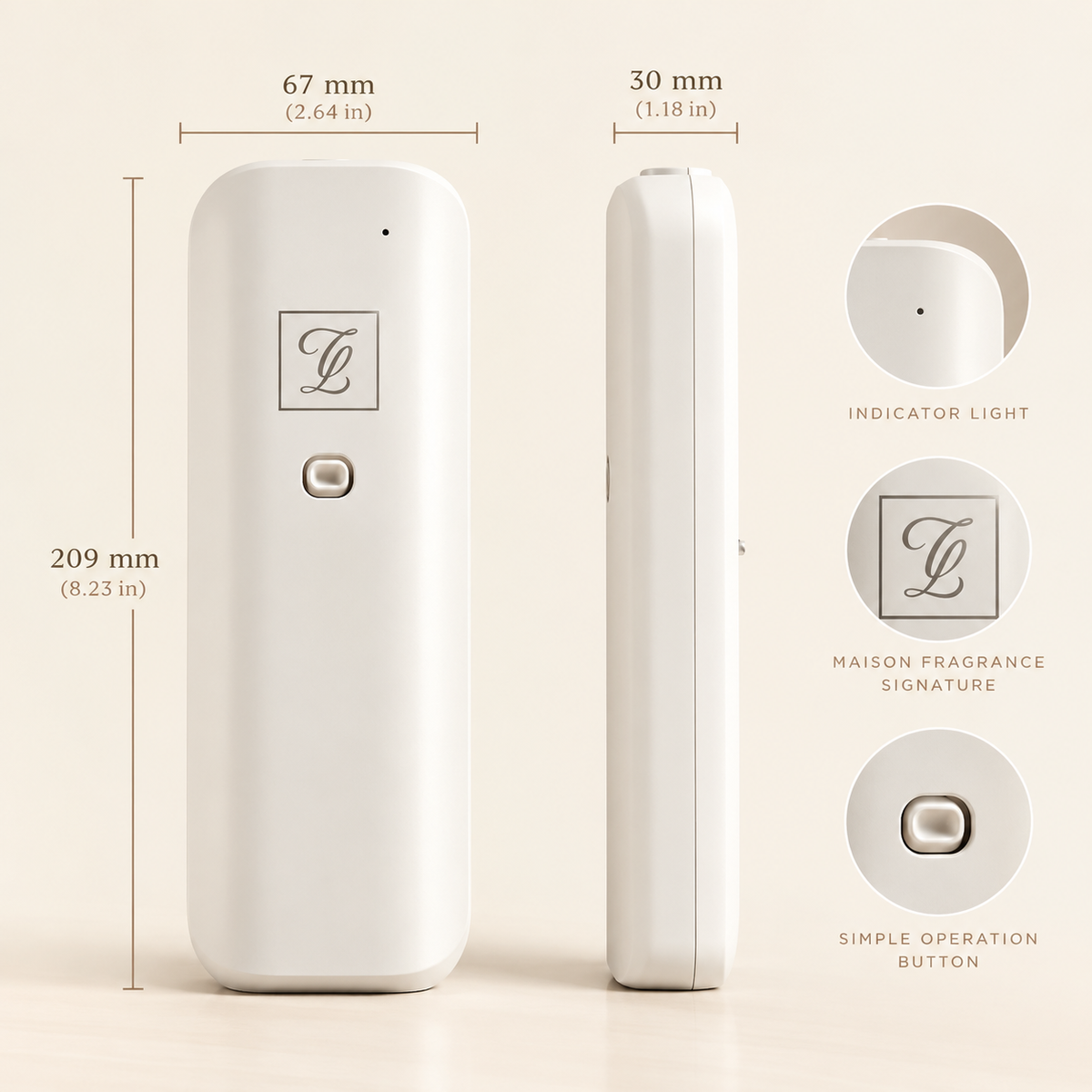 Allplug front and side views with dimensions and close-ups of the indicator, Maison monogram and button, as shown in the supplied image.