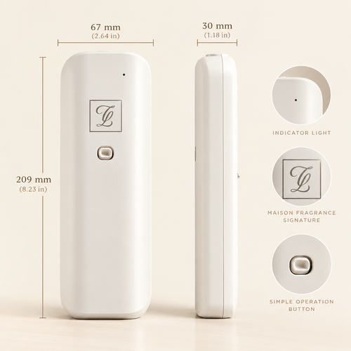 Allplug front and side views with dimensions and close-ups of the indicator, Maison monogram and button, as shown in the supplied image.