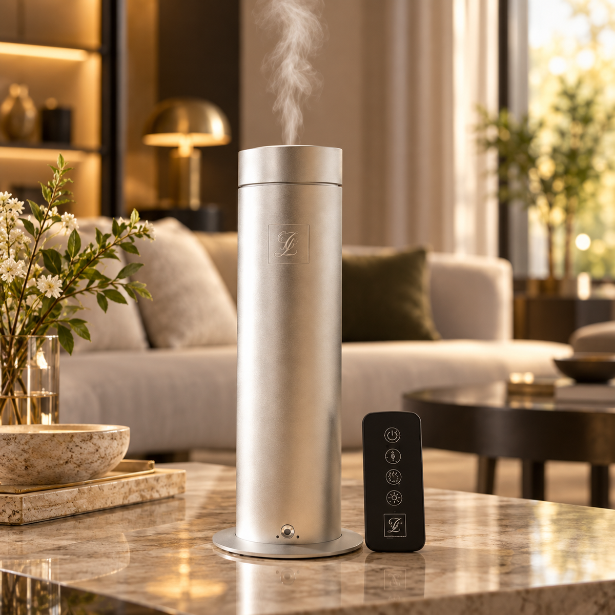 Maison Fragrance High Impact Diffuser in Silver with the CL monogram, shown beside a remote control in an elegant residential interior.