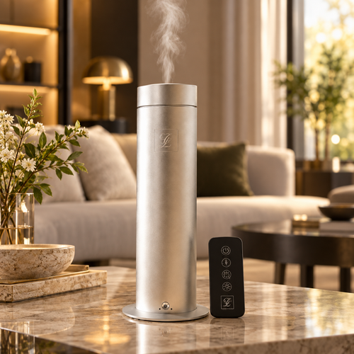 Maison Fragrance High Impact Diffuser in Silver with the CL monogram, shown beside a remote control in an elegant residential interior.