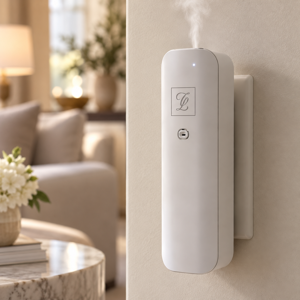 Maison Fragrance Automatic Wall Plug diffuser mounted on a wall in an elegant interior.