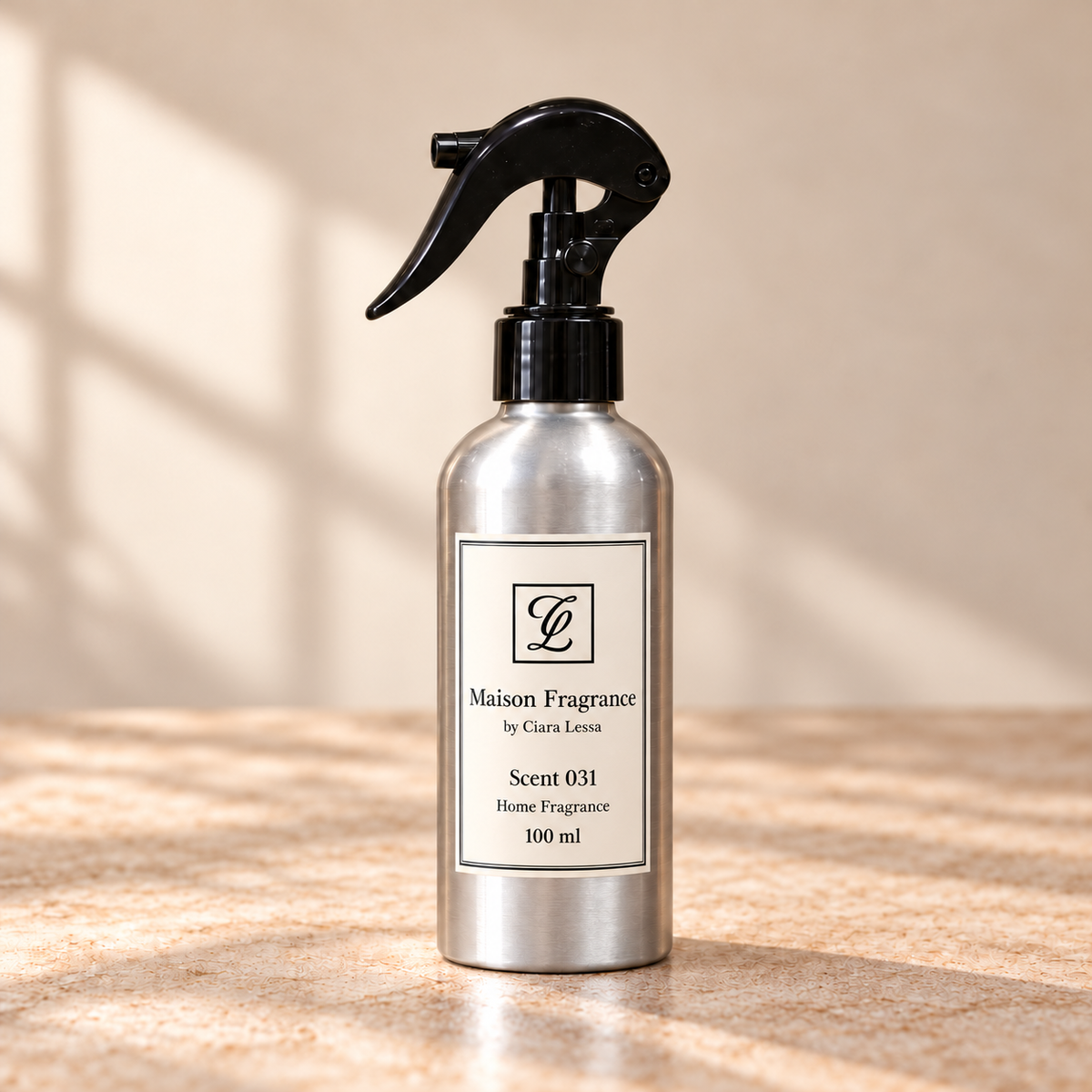 Maison Fragrance by Ciara Lessa, Scent 031, Home Fragrance, 100 ml; silver bottle with black trigger spray.