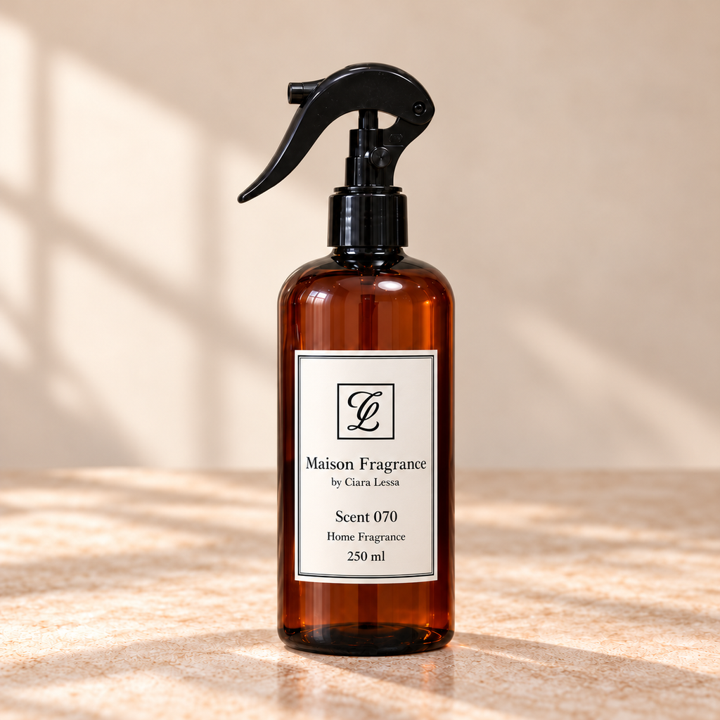 Maison Fragrance by Ciara Lessa, Scent 070, Home Fragrance, 250 ml; amber bottle with black trigger spray.