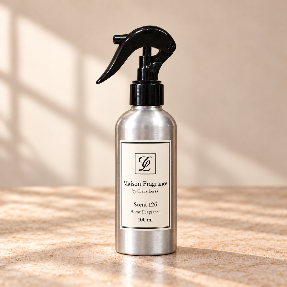 Maison Fragrance by Ciara Lessa, Scent 126, Home Fragrance, 100 ml; silver bottle with black trigger spray.