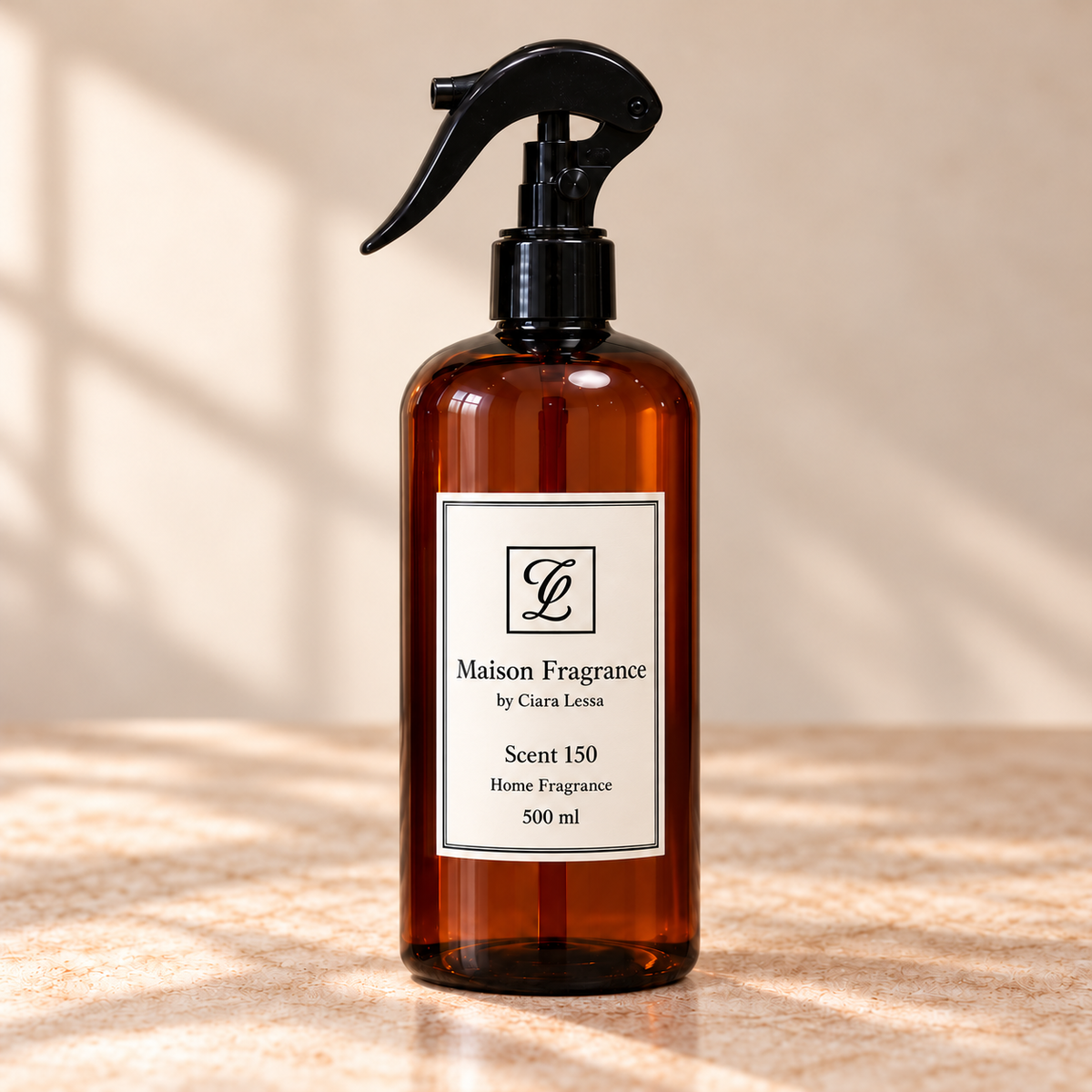 Maison Fragrance by Ciara Lessa, Scent 150, Home Fragrance, 500 ml; amber bottle with black trigger spray.