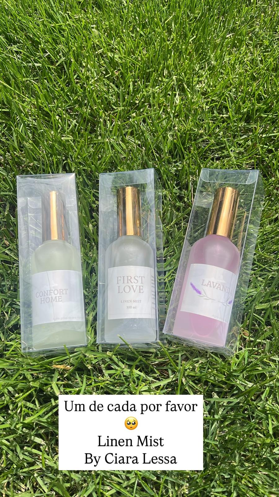 Original Linen Mist photograph: Confort Home, First Love and Lavanda. First Love is labelled 100 ml.