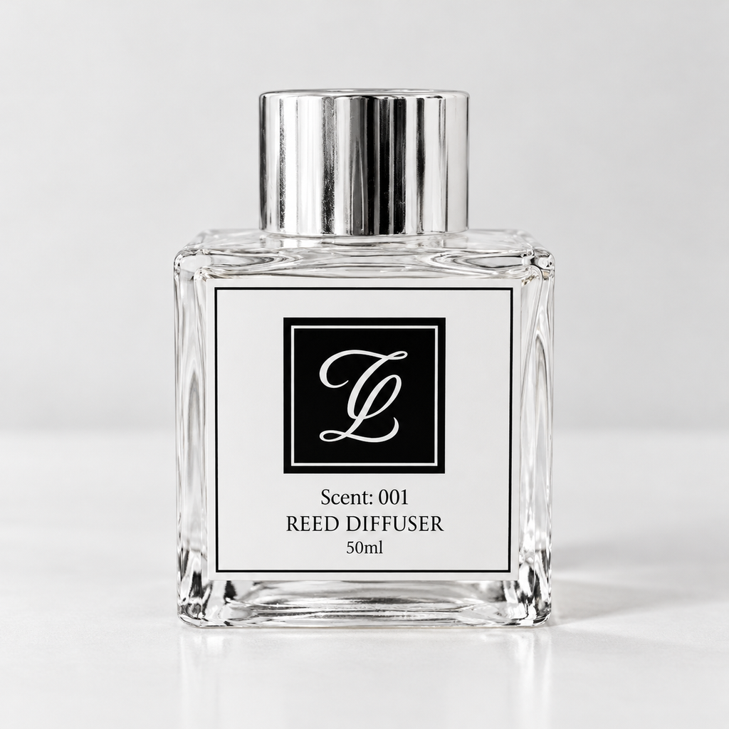 Maison Fragrance Scent 001 Reed Diffuser, 50ml, compact square clear glass bottle with silver cap on a light neutral background.