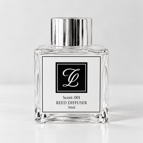 Maison Fragrance Scent 001 Reed Diffuser, 50ml, compact square clear glass bottle with silver cap on a light neutral background.