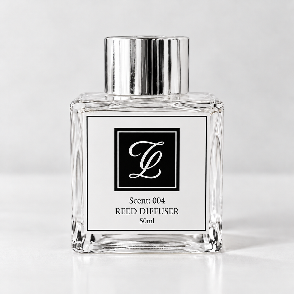 Maison Fragrance Scent 004 Reed Diffuser, 50ml, compact square clear glass bottle with silver cap on a light neutral background.