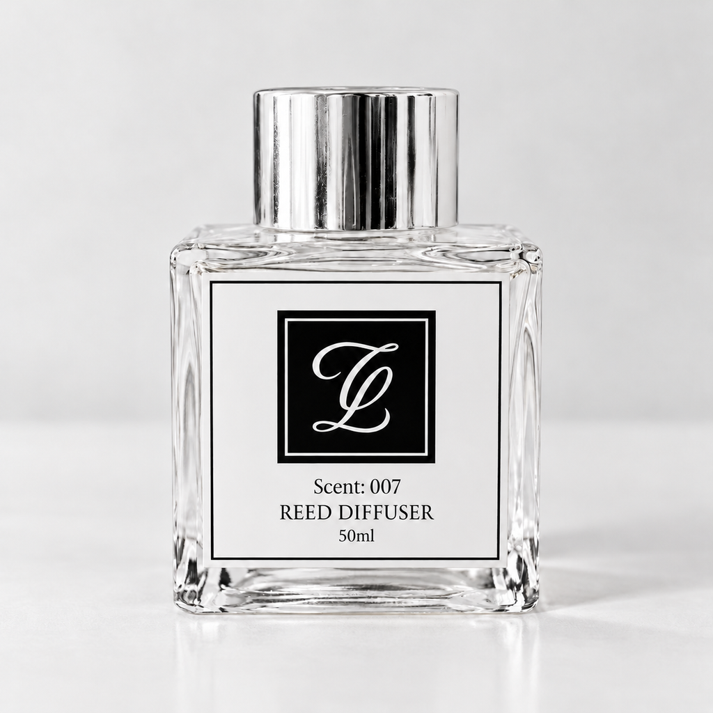Maison Fragrance Scent 007 Reed Diffuser, 50ml, compact square clear glass bottle with silver cap on a light neutral background.