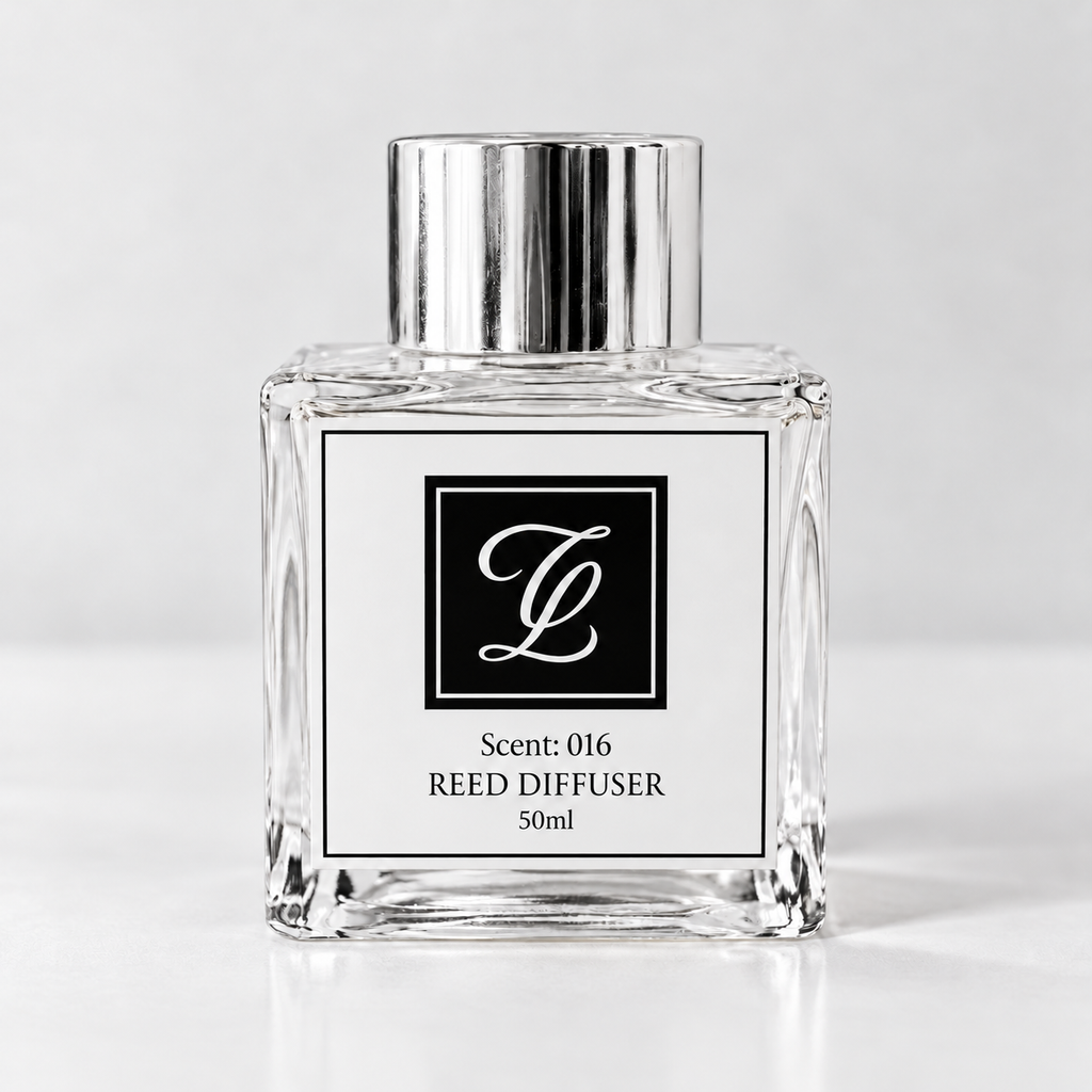 Maison Fragrance Scent 016 Reed Diffuser, 50ml, compact square clear glass bottle with silver cap on a light neutral background.