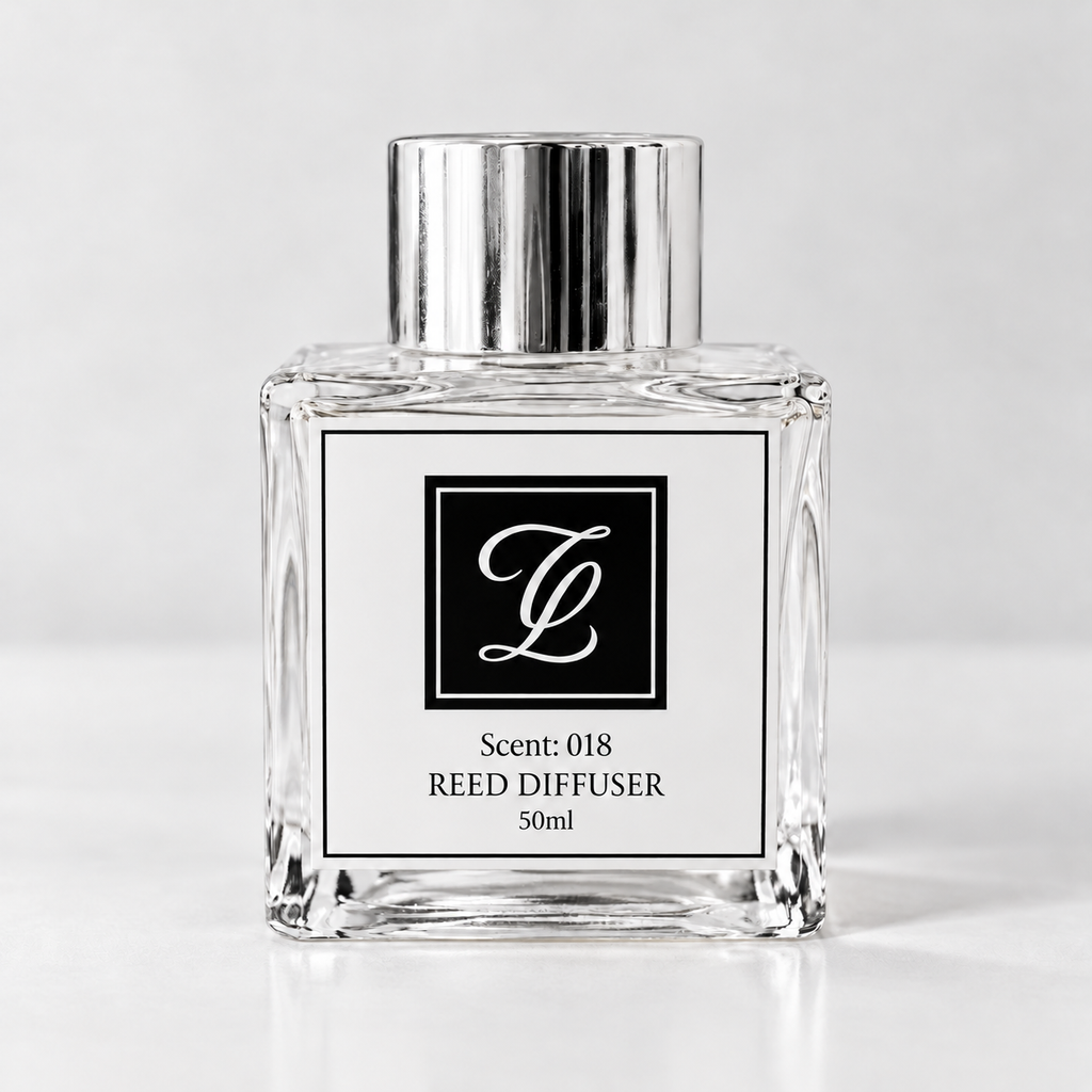 Maison Fragrance Scent 018 Reed Diffuser, 50ml, compact square clear glass bottle with silver cap on a light neutral background.