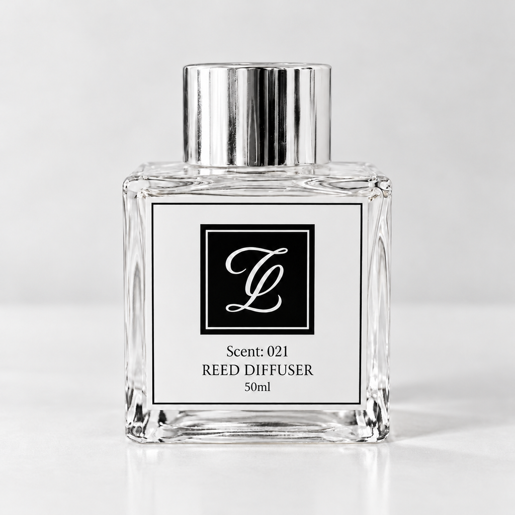 Maison Fragrance Scent 021 Reed Diffuser, 50ml, compact square clear glass bottle with silver cap on a light neutral background.