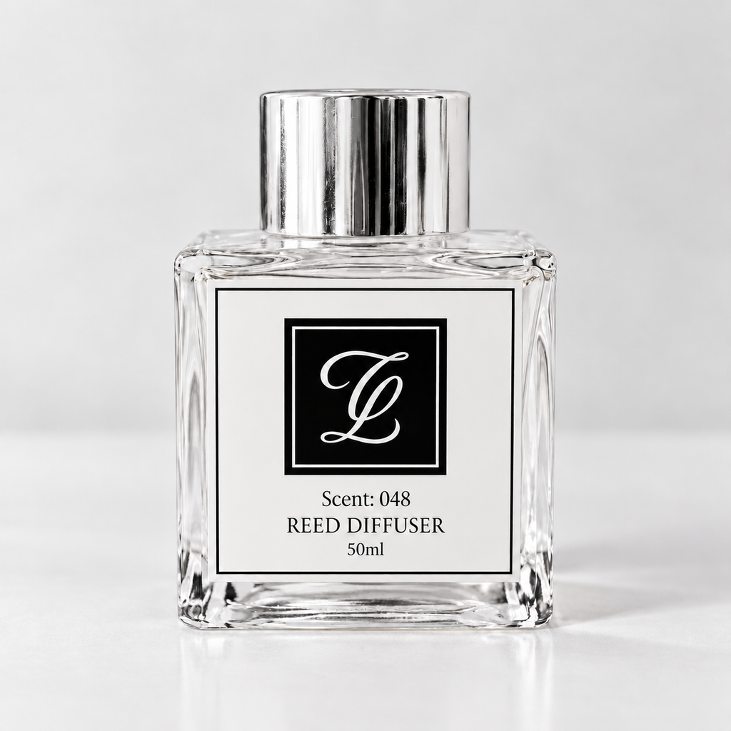 Maison Fragrance Scent 048 Reed Diffuser, 50ml, compact square clear glass bottle with silver cap on a light neutral background.