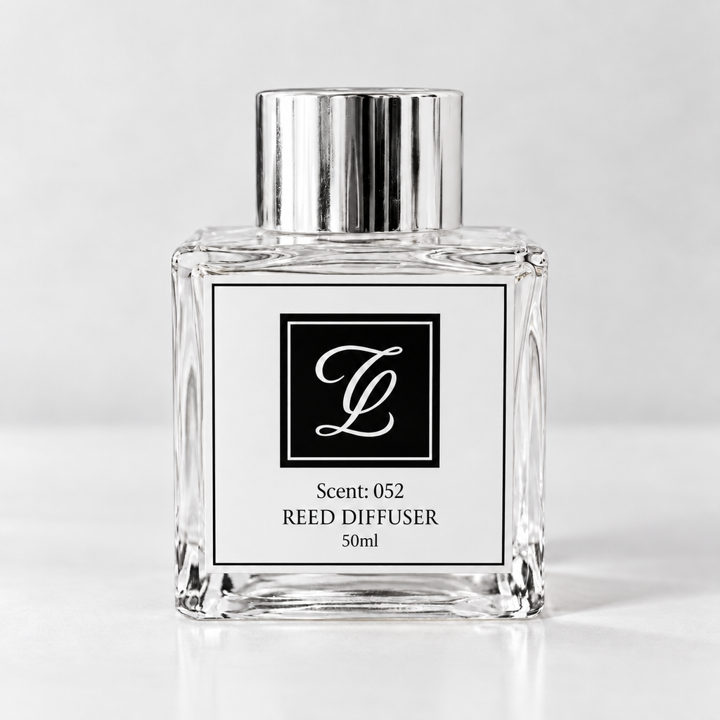 Maison Fragrance Scent 052 Reed Diffuser, 50ml, compact square clear glass bottle with silver cap on a light neutral background.