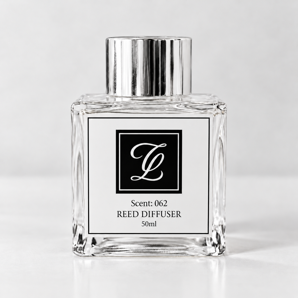 Maison Fragrance Scent 062 Reed Diffuser, 50ml, compact square clear glass bottle with silver cap on a light neutral background.
