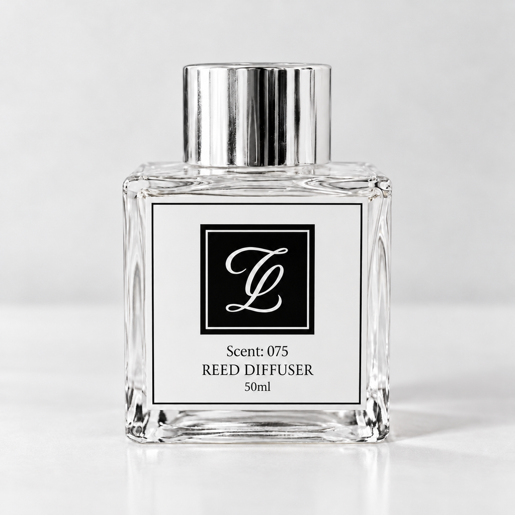 Maison Fragrance Scent 075 Reed Diffuser, 50ml, compact square clear glass bottle with silver cap on a light neutral background.