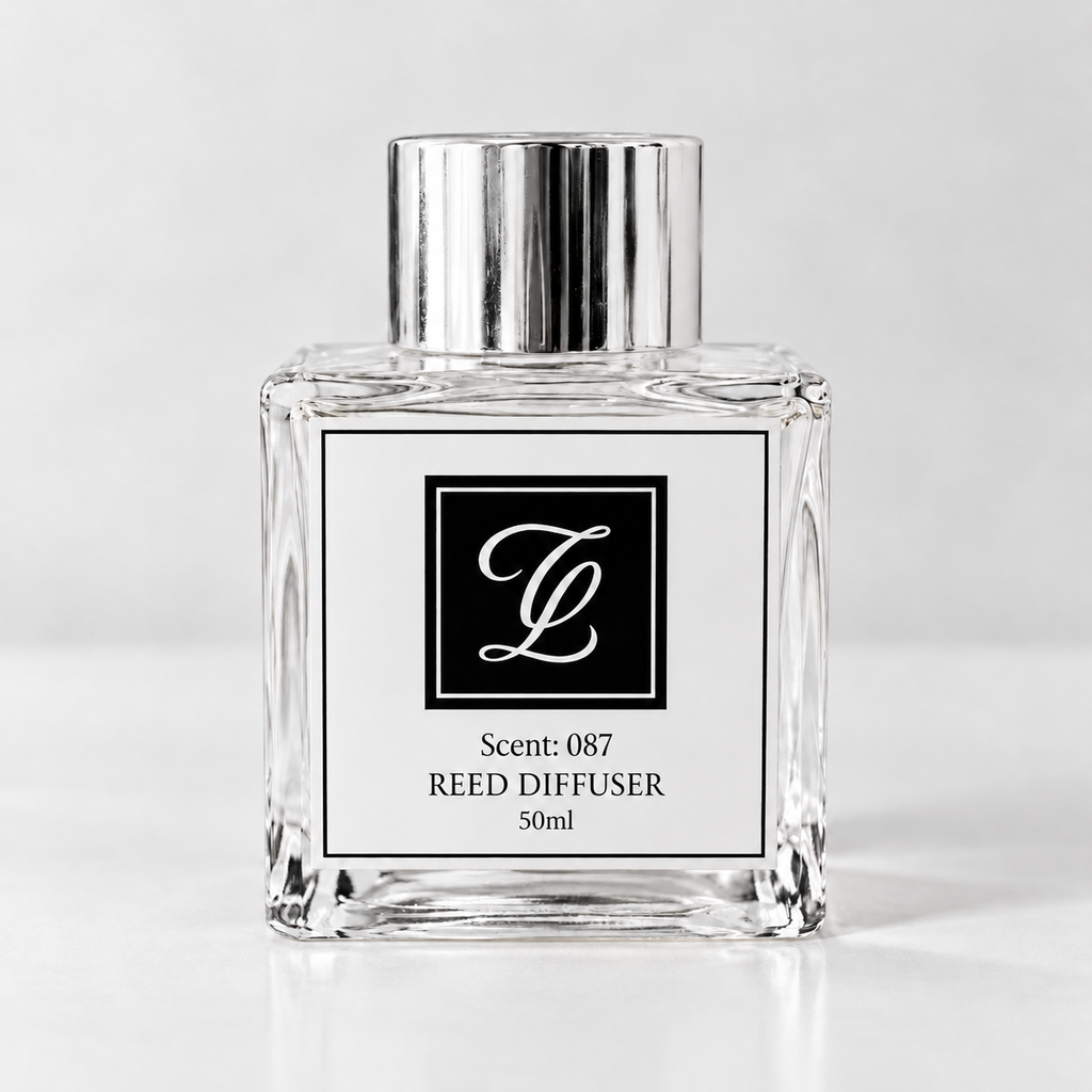 Maison Fragrance Scent 087 Reed Diffuser, 50ml, compact square clear glass bottle with silver cap on a light neutral background.