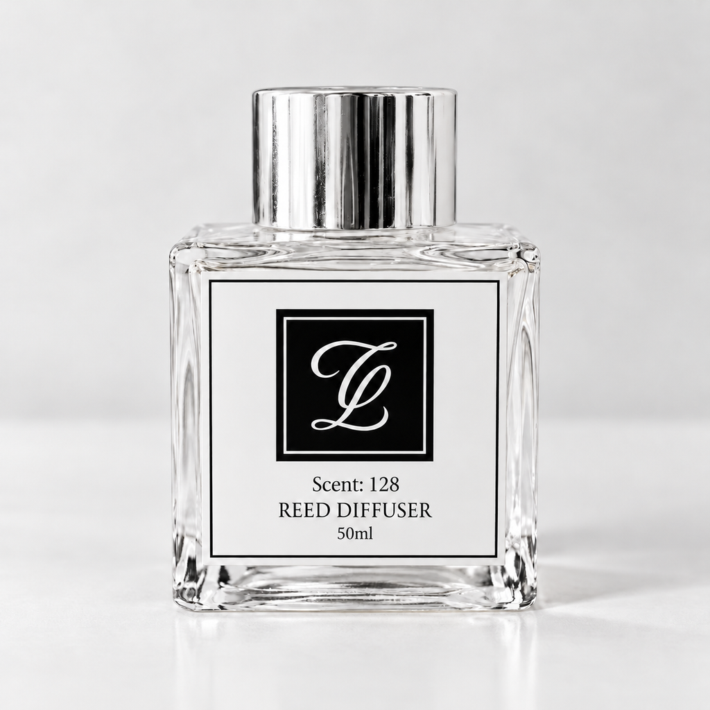 Maison Fragrance Scent 128 Reed Diffuser, 50ml, compact square clear glass bottle with silver cap on a light neutral background.
