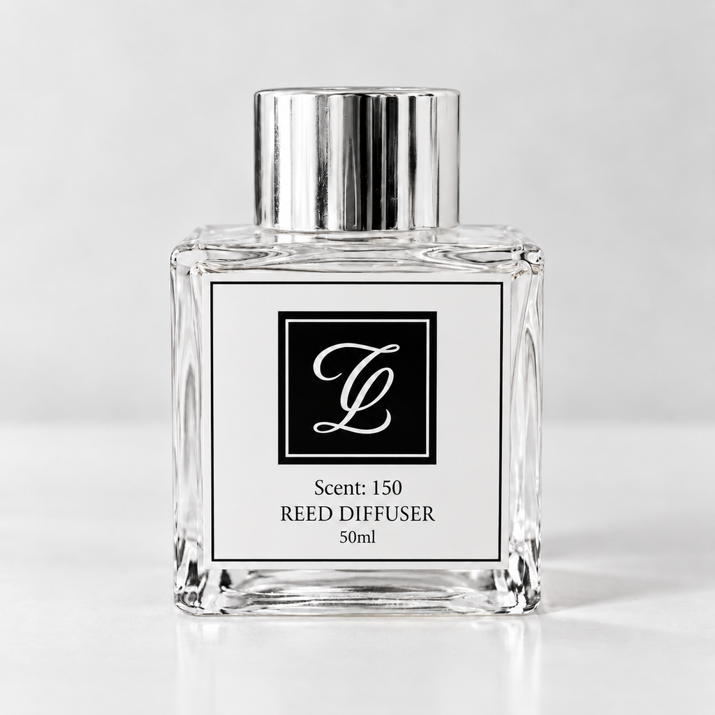 Maison Fragrance Scent 150 Reed Diffuser, 50ml, compact square clear glass bottle with silver cap on a light neutral background.