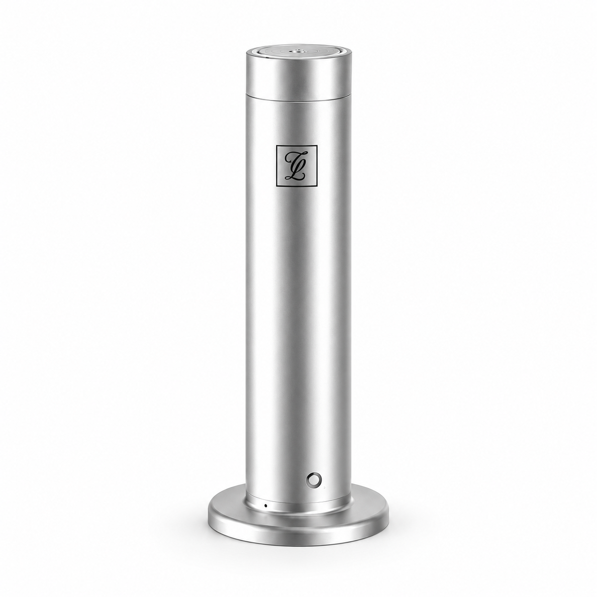 Maison Fragrance Stand Diffuser in Silver, aluminum cylindrical body and circular base.