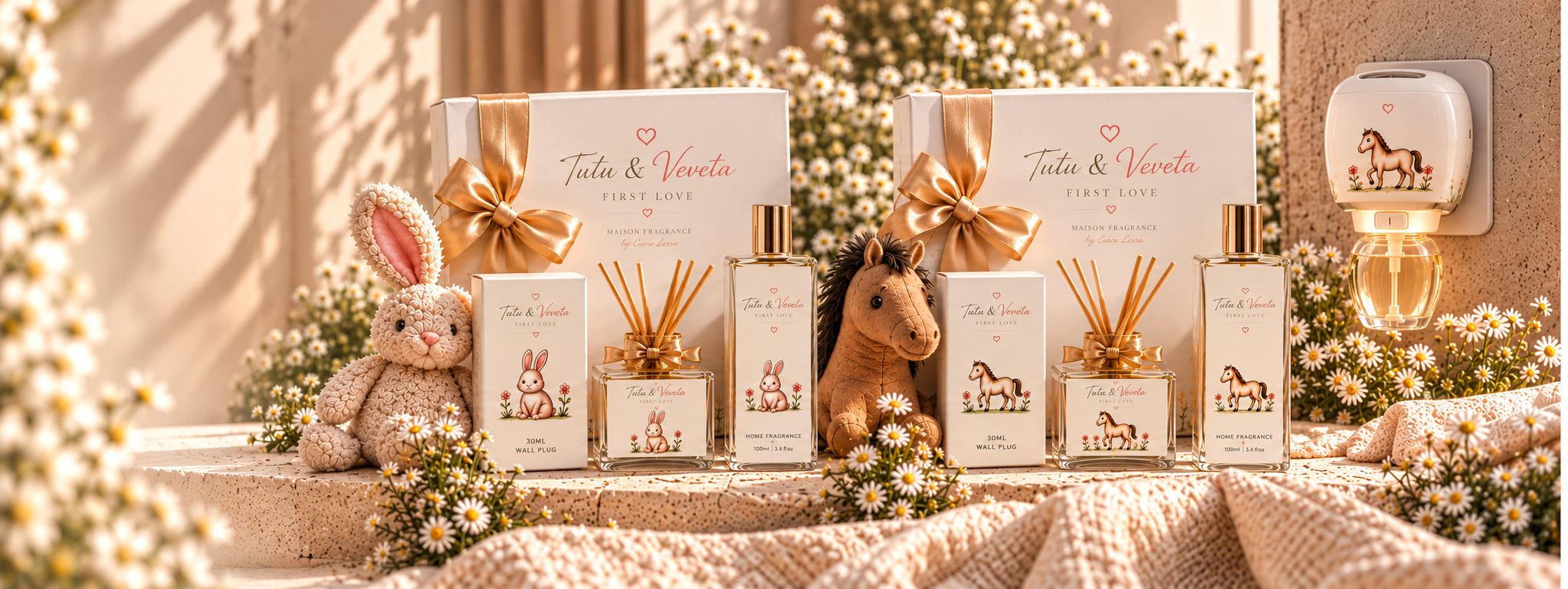 Tutu & Veveta First Love Girl and Boy gift sets with a rabbit and horse, gold-ribbon boxes, fragrance bottles, reed diffusers and a wall plug with a glass refill connected to an outlet.