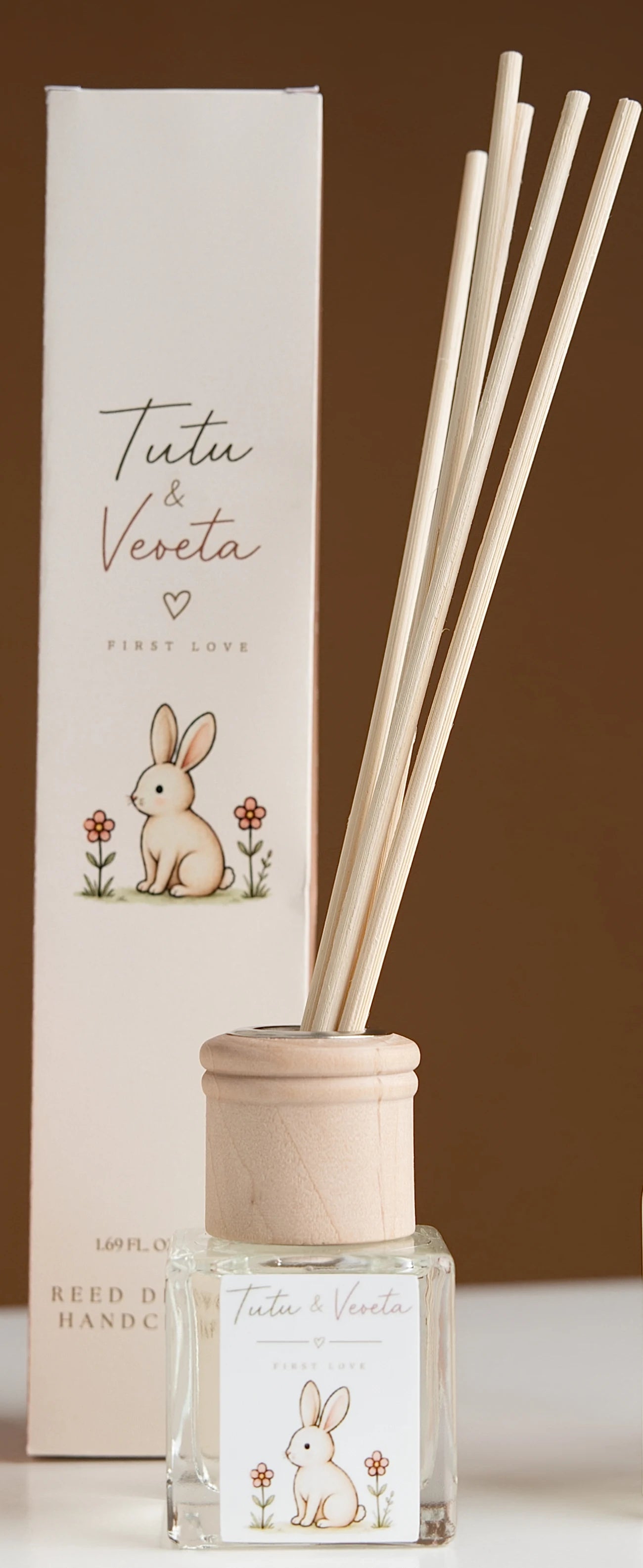 First Love reed diffuser and original 50 ml illustrated packaging