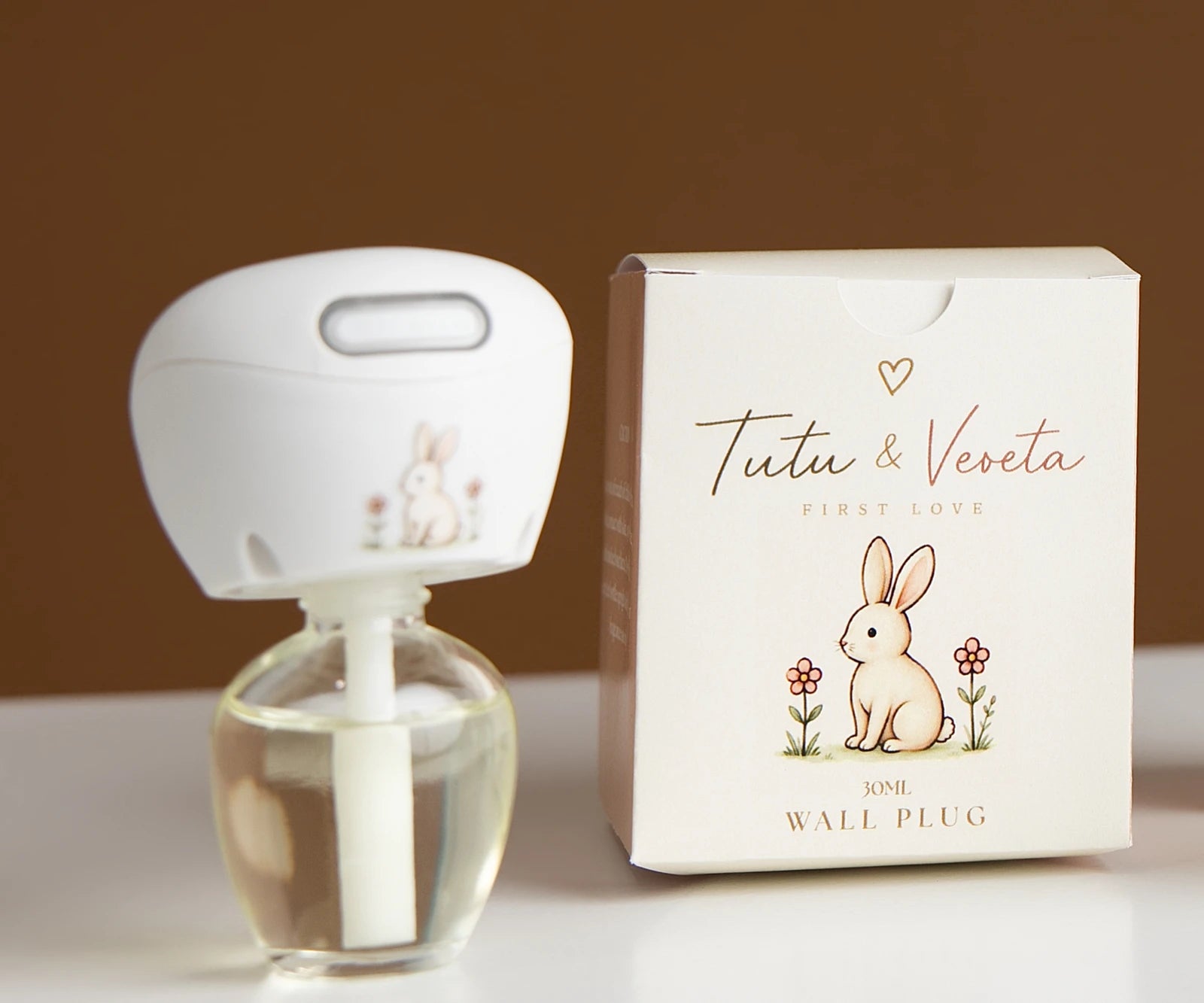 Original illustrated 30 ml Wall Plug packaging included in the First Love gift set